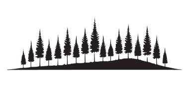 Yoğun bir çam ağacı ormanının silueti küçük bir tepenin üzerine tünemiş. Doğa temalı tasarımlar, logolar veya grafik elementler için mükemmel.