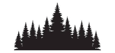 Bir çam ağacı ormanının klasik siluet çizimi. Bu vektör grafiği açık hava temalı tasarımlar, manzaralar veya doğadan esinlenilmiş projeler için idealdir..