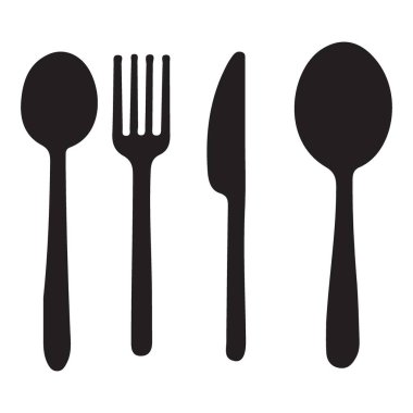 Çatal, kaşık ve bıçak da dahil olmak üzere çatal bıçak takımlarının silüeti. Restoran menüleri, yemek blogları ve yemek tasarımları için kullanışlı. Yüksek çözünürlük.