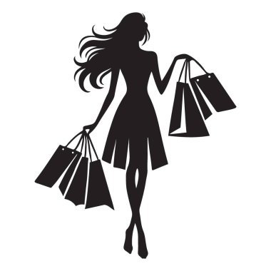Alışveriş torbaları taşıyan bir kadının şık bir vektör silueti perakende ve moda tasarımı projeleri için mükemmel. Bu sanat eseri alışverişin özünü yansıtıyor..