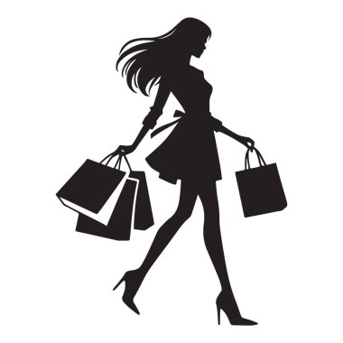 Bu, alışveriş torbalarıyla yürüyen şık bir kadın siluetinin vektör çizimi. Moda, perakende veya yaşam tarzı tasarımları için mükemmel..