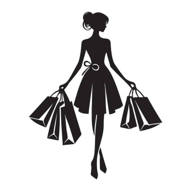 Alışveriş çantaları, taşıma tarzı, zarafeti ve alışveriş zevki olan moda bir kadının vektör sanat çizimi.