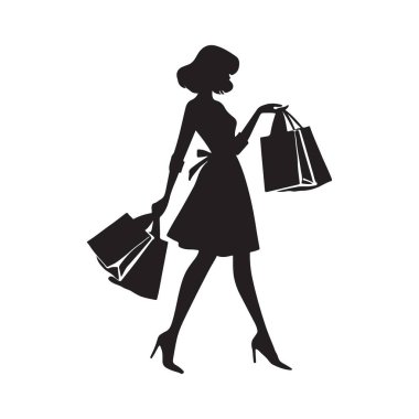 Çoklu alışveriş torbaları taşıyan, perakende terapi anlayışı ve tüketici etkinliği gösteren bir kadının silüeti. Moda tasarımı ve markalaşması için uygun..