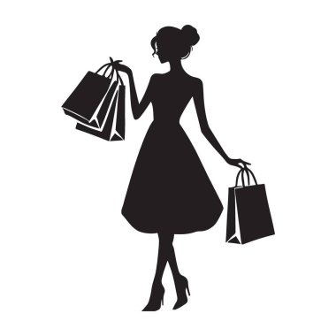 Moda ve perakende tasarımı için ideal alışveriş torbaları taşıyan bir kadının şık bir silüeti. Bu vektör grafiği projelerinize zarafet ekler.