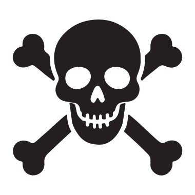Klasik siyah siluet kafatası ve çapraz kemik vektör grafiği. Genellikle tehlike, zehirlilik ve ölümlülük için kullanılır. Zararlı bir element gerektiren tasarımlar için uygun.