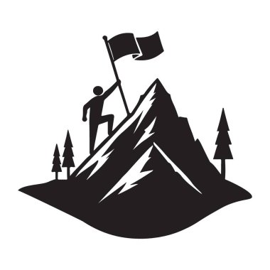 Bu siluet, bir dağı fetheden, başarıyı, kararlılığı ve engelleri aşmayı temsil eden bir figürü gösteriyor. Motivasyon ve başarı temalı projeler için ideal.