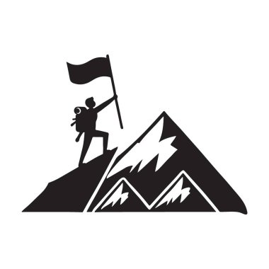 Bir dağın zirvesinde bir dağcının başarısını yakalayan silüet çizimi, bir bayrak tutarak, başarıyı, kararlılığı ve kariyerindeki ya da hayatındaki engelleri aşmayı sembolize eder..