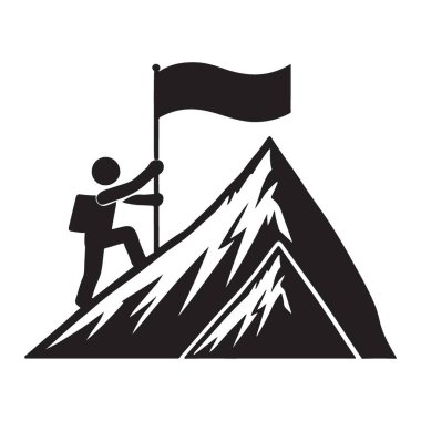 Bir dağın tepesine ulaşıp bayrak diken, başarıyı, başarıyı ve azmi somutlaştıran siyah bir siluet çizimi. Motivasyon tasarımları için uygun.