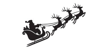 Noel Baba 'nın üç ren geyiğiyle kızağında uçtuğunu gösteren vektörel grafik bir çizim. Festival projeleri için mükemmel..