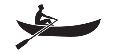 Teknede kürek çeken bir adamın izole edilmiş silueti, su aktiviteleri, seyahat ve dinlenme tasarımı için uygun basit bir vektör çizimi.