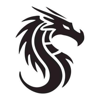 Cesur bir ejderha kafası çizimi, dövme tasarımı için ideal. Parlak siyah siluet gücünü ve gizemini vurguluyor. Fantezi ve efsanevi temalar için mükemmel..