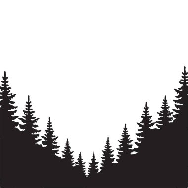 Çam ağaçlarından oluşan sık bir ormanın siluet vektör çizimi. Doğa temalı projeler, manzaralar ve derinlik ve vahşi yaşam hissi yaratmak için idealdir..