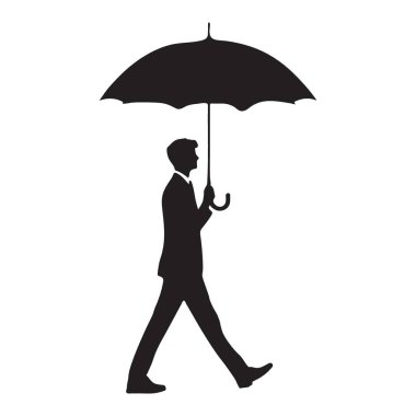Elinde şemsiyeyle yürüyen bir adamın vektör silüeti. Yağmurdan ve güneşten korunmak için..