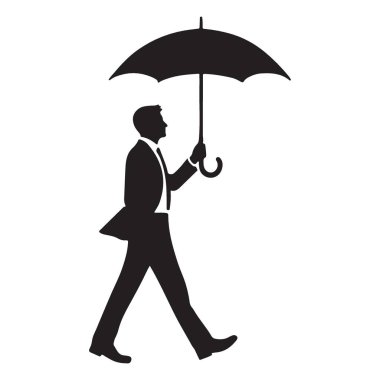 Takım elbiseli bir adamın, elinde şemsiye tutarken güvenle yürüdüğünü gösteren vektör silueti. Korunma ve hazırlığı öneriyor. Bu görüntü finansal güvenliği veya sigortayı göstermek için mükemmel.