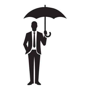 Korunma ve istikrarı temsil eden bir şemsiyeyle güvenle ayakta duran bir adamın vektör silueti. Görüntü, güvenlik veya güvenlik kavramlarını tasvir etmek için idealdir.
