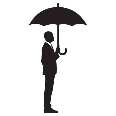 Ayakta duran ve elinde şemsiye tutan bir adamın, güç ve korunmayı gösteren basit bir vektör silüeti. Güvenlik, güvenlik ve sigortayla ilgili kavramlar için mükemmel grafik.