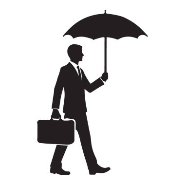 Resim sanatı bir iş adamının siluetini gösteriyor. Elinde bir çanta, elinde şemsiye, iş iletimi ve koruma..