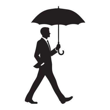 Profesyonel bir iş adamının silüetini gösteren vektör illüstrasyonu şemsiyeyle yürürken, iş ve hava koruma temalarına uygundur.