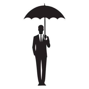 Bir şemsiye tutan ayakta duran bir işadamının düz vektör grafik tasarımı, iş kavramları ve basit temsil için ideal.