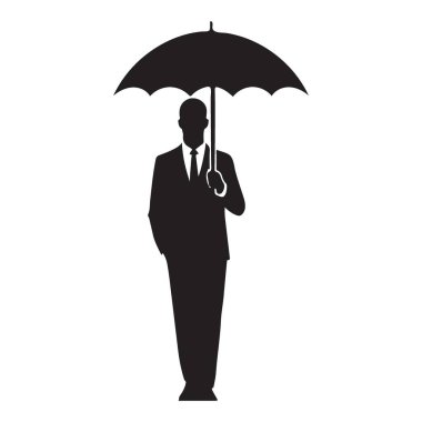 Elinde şemsiyesi olan bir adamın siyah bir silüeti. Koruma, sigorta ve iş kavramlarını temsil etmek için mükemmel..