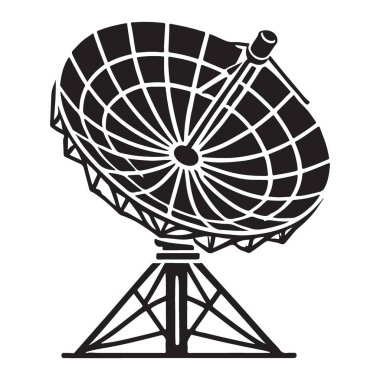 Uydu anteninin yüksek kalite siluet vektör grafiği. İletişim, teknoloji ve mühendislik tasarımları için ideal. Temiz vektör biçimi.
