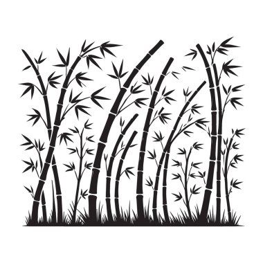 Sallanan saplar ve yemyeşil yapraklar içeren sakin bir bambu koruluğunun vektör grafik silueti. Sakin ve doğal bir estetik gerektiren projeler için ideal. Yüksek çözünürlük.