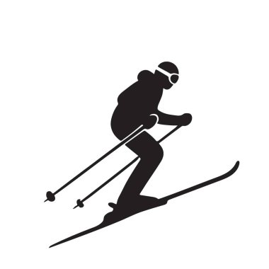 Bir erkek kayakçının silüet vektör görüntüsü. Kış sporları, kayak merkezleri, macera temaları ve açık hava tasarımları için ideal. Yüksek kalite ve ölçeklenebilir vektör grafiği.