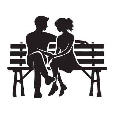 Bir bankta oturan bir çiftin silüeti. Romantizmi, birlikteliği ve samimiyeti resmediyorlar. Bu vektör aşk, ilişki ve arkadaşlık ile ilgili tasarımlar için uygundur..
