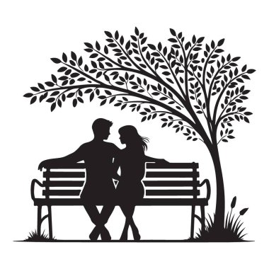 Parktaki bir bankta yapraklı bir ağacın altında oturan bir çiftin romantik bir silüeti. Aşk, doğa ve huzurlu anlar için mükemmel bir tema..