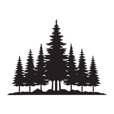 Siluet çizimi, çam ağaçlarının yoğun bir tribününü yakalıyor ve doğal bir orman manzarası yaratıyor. Peyzaj temaları veya doğa tasarım projeleri için ideal.