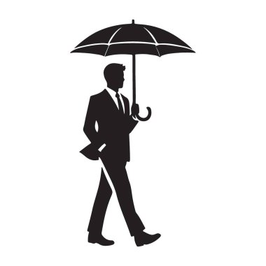 Takım elbiseli bir iş adamının sofistike bir silueti. Şemsiyeyle güvenle yürüyor. Tasarım projelerinize zarafet ve profesyonellik katmak için mükemmel..