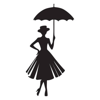 Moda, tasarım ya da sanat projeleri için ideal şemsiyeli bir kadının klasik tarz vektör silueti. Bu siluet resim klasik zarafet ve stil içerir.