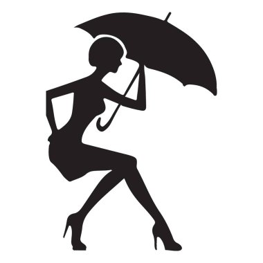 Elinde şemsiyeyle oturan şık bir kadının vektör silueti. Sanat, tasarım veya moda projesi için mükemmel, bu resim zarafet ve sofistike bir siluet tasvir ediyor.