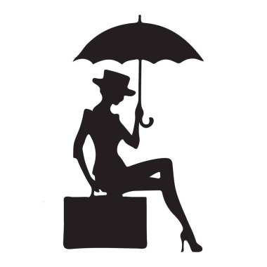 Şapkalı, bavuluna oturmuş şemsiyesini tutan şık bir kadının vektör silueti. Seyahat, tasarım veya tarzla ilgili konular için uygundur.