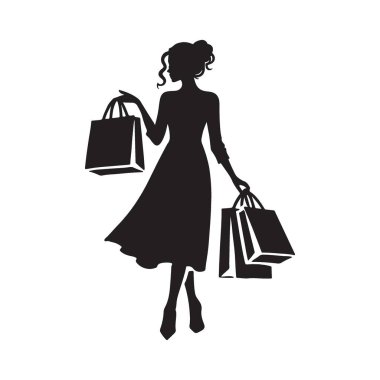 Tasarım projelerinizi bu alışveriş torbalı kadın vektör siluetiyle yükseltin. Perakende, moda ve yaşam tarzı temaları için mükemmel.