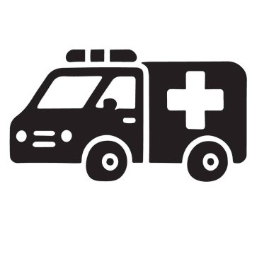 Ambulans aracının siluet çizimi, acil tıbbi servisler için gereklidir. Sağlık hizmetleri, hastaneler ve ilk müdahale ekipleri ile ilgili grafikler için mükemmel..