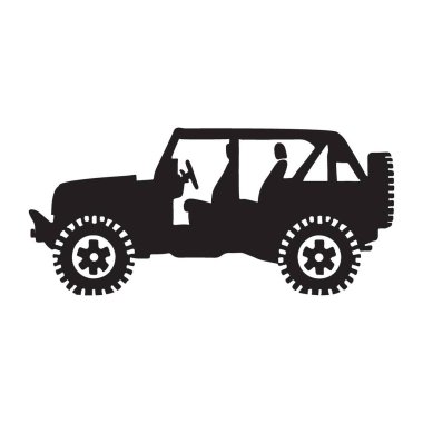 Maceraya hazır ikonik off-road aracı olan Jeep Wrangler 'ın siyah silueti. Açık hava aktiviteleri, keşifler ve 4x4 araçlar için mükemmel tasarımlar..