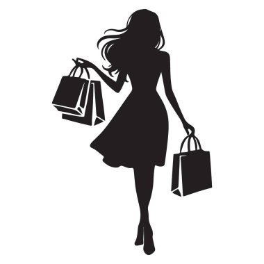 Alışveriş torbaları taşıyan şık bir kadının silüeti. Moda, perakende, alışveriş ve yaşam tarzı grafikleri için ideal.