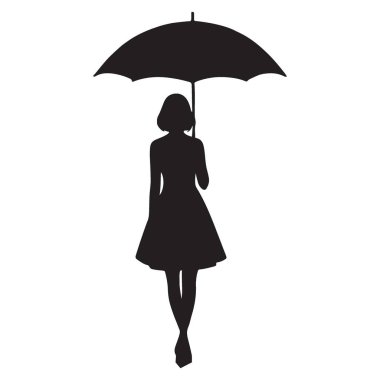Şemsiyeli bir kadının siyah bir silüeti. Yağmurlu günler, moda, hava ve korunmayla ilgili tasarımlar için mükemmel.