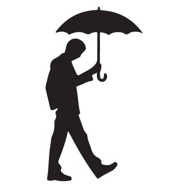 Şemsiyeli yürüyen bir adamın silüetini içeren vektör illüstrasyonu. Hava durumu, koruma, kentsel yaşam ve iş koşulları gibi konular için uygundur.