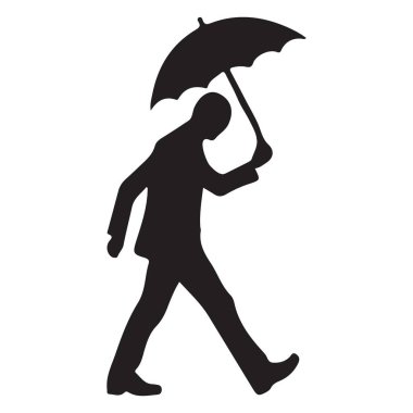 Şemsiyeyle yürüyen bir adamın silüeti. Bu grafik korunma, hazırlık ya da zorluklarla karşılaşma temaları için mükemmeldir..