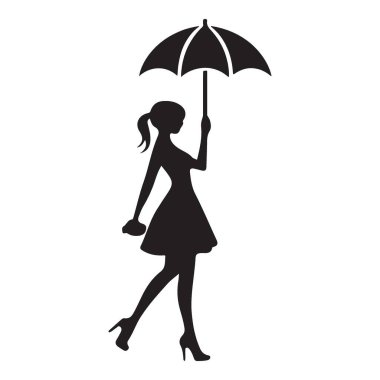 Şık bir kadının bu vektör silueti bir şemsiye ve bir çanta içeriyor, zarafet ve incelik hissi yakalıyor..