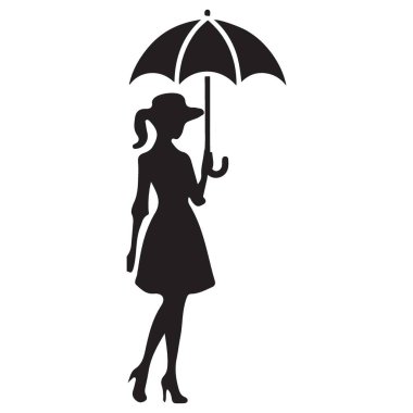 Şık bir vektör silueti tasviri. Şemsiye tutan, şapka takan zarif bir kadın. Eski moda tasarımları için harika..