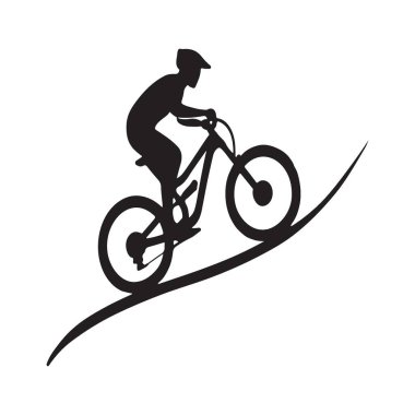 Yokuş aşağı giden bir dağ bisikletçisinin silueti açık hava macerasının özünü yakalıyor. Spor ve eğlence temaları için uygun vektör grafiği.