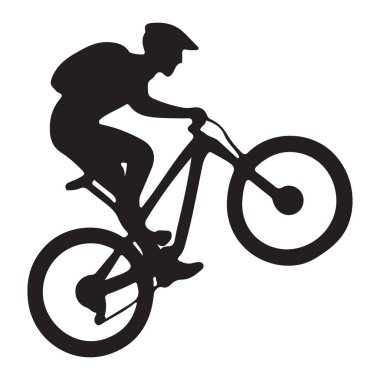 Bir dağ bisikletçisinin dublörlük yaparken dinamik bir siluet çizimi. Ekstrem spor, bisiklet, açık hava maceraları ve fitness ile ilgili tasarımlar için idealdir..