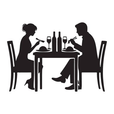 Yemek çubuklarıyla tasvir edilmiş, Asya mutfağında yemek yiyen bir çiftin silüeti. Kültürel yemek deneyimleri ve romantik yemekleri temsil etmek için mükemmel..