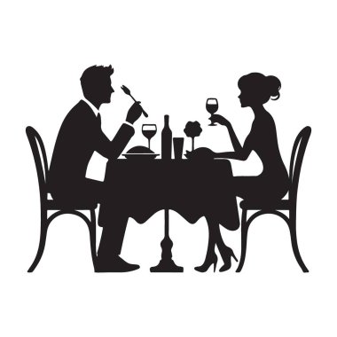 Romantik bir yemek randevusunun siluet vektör çizimi. Sevgililer Günü tasarımları ya da biraz romantizm ve zarafet gerektiren herhangi bir proje için mükemmel. Silüet tasarımı klasik, zamansız bir his katıyor..