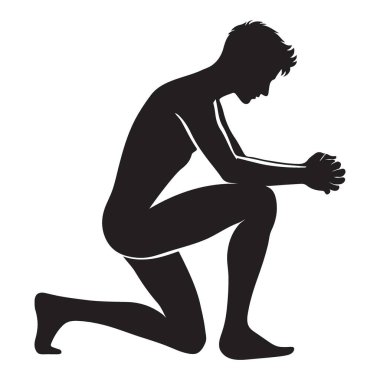 Bir siluet vektör illüstrasyonunda dua ederken dizlerinin üstüne çöküp, bağlılığı, içselliği ya da derin düşünmeyi yansıtan bir adam resmedilmiş. Güçlü betimleme.
