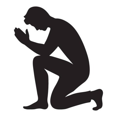 Bir siluet, elleri duayla bağlanmış, yansımayı, inancı, umudu ve rehberliği sembolize eden bir adamı gösteriyor. Siyah illüstrasyon.