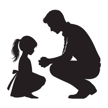 Diz çöküp kızını teselli eden, empati, sevgi ve baba rehberliğini sembolize eden bir babanın silüeti. İndir şimdi..